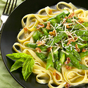 Asparagus Fettuccinni with Pancetta and Basil in a White Wine Broth